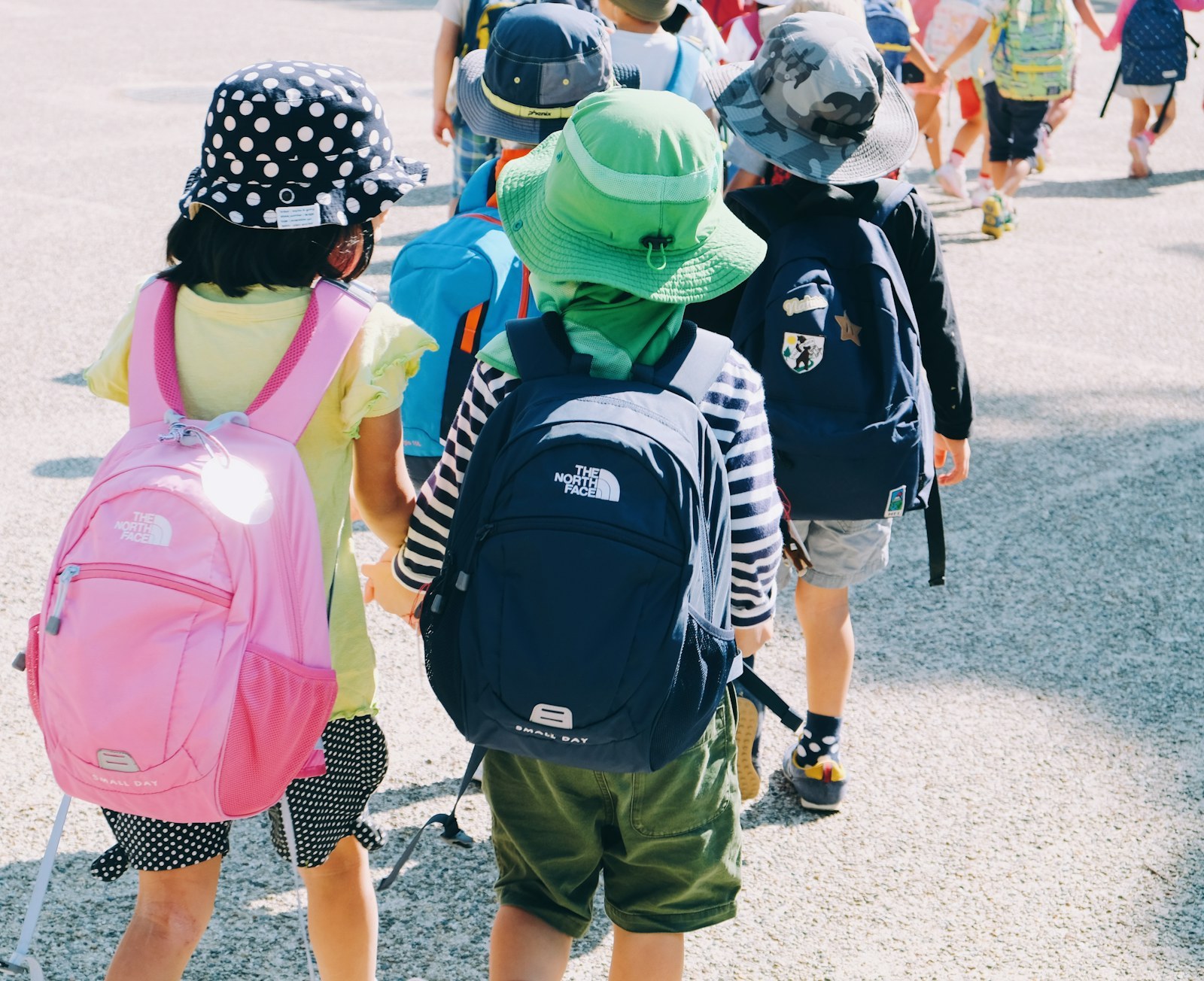 Group of young kids with backpacks walking to school